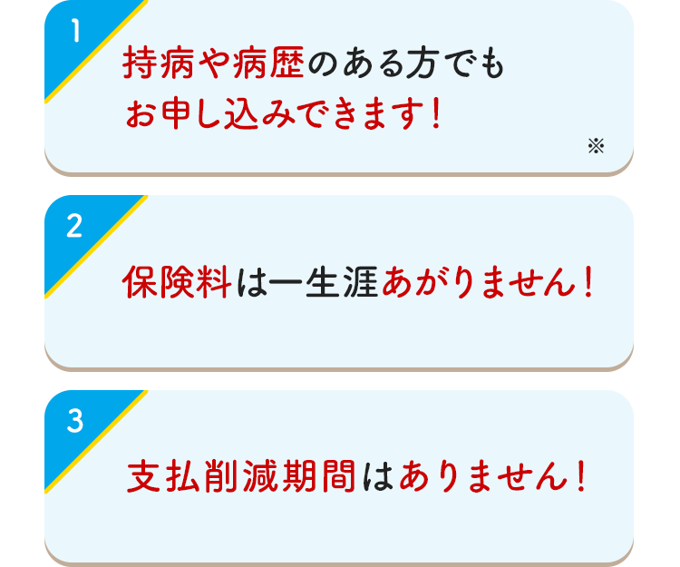 1 持病や病歴のある方でもお申し込みできます！ 2 保険料は一生涯あがりません！ 3 支払削減期間はありません！