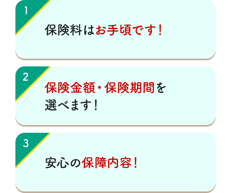 1 保険料はお手頃です！ 2 保険金額・保険期間を選べます！ 3 安心の 保障内容！